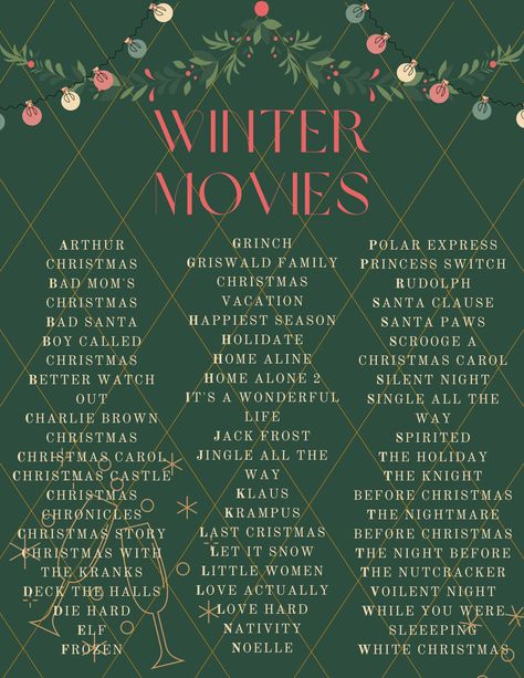 Winter Movie Marathon, December Movie Challenge, Movies For Winter, Christmas Movies Romance, Best Winter Movies, Christmas Movies List Aesthetic, January Movie List, Christmas Romcom Movies, Christmas Classic Movies