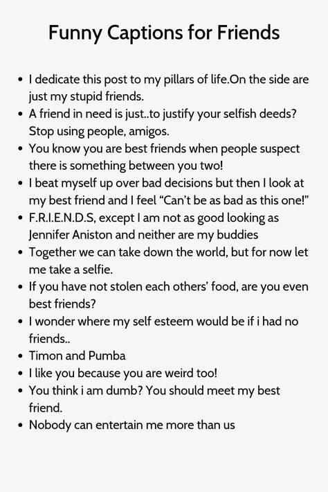 Funny Captions For Friends, Captions Flirty, Friend Captions, Friendship Captions, Instagram Caption Lyrics, Friends Captions, Life Captions, Menulis Novel, Best Friend Captions