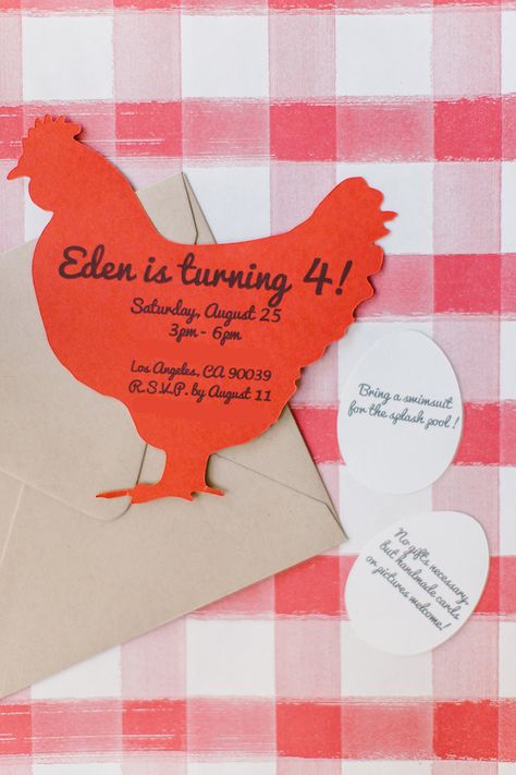 1st Birthday Rooster Theme, Chicken Birthday Party Invitation, 2nd Birthday Chicken Theme, Farm Fourth Birthday, Rooster Themed Birthday Party, Chicken Party Decorations, Rooster Birthday Party Ideas, Chicken First Birthday Party, Chicken Party Ideas