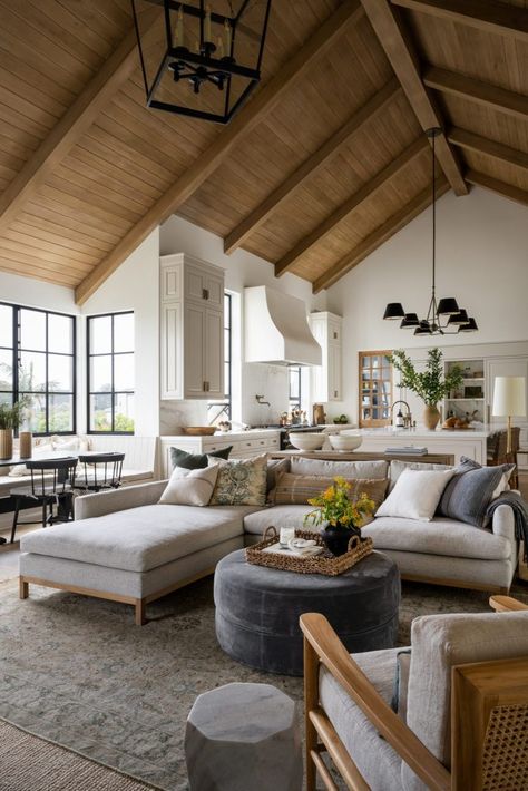 Sofa Styles 101 - Studio McGee Rustic Clean Home Decor, Studio Mcgee Mountain Home, Modern Cottage Home Design, Old Coastal Homes, Living Room Mezzanine, Shea Mcgee Style, California Farmhouse, Vaulted Ceiling Ideas, Modern Cottage Homes