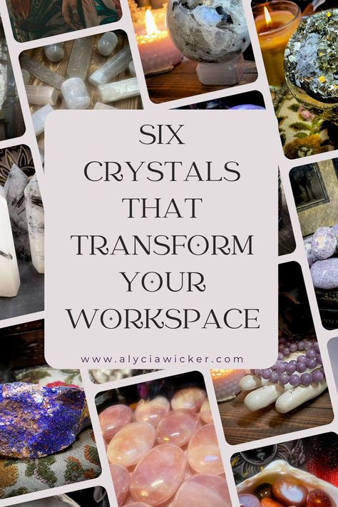 Crystals As Decor, Home Office Witchy, Office Crystals Desks, Witchy Office Desk, Crystals For The Office, Crystals For Office Space, Things To Keep In Your Desk At Work, Womens Desk Decor Work Spaces, Crystals For Office Desk