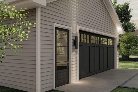 This 2 car garage is about as simple as it gets - a rectangular foundation with a single 2-car garage door. A separate man door gives you access to the interior without opening the garage door. Related Plan : Get an alternate exterior with garage plan 62480DJ . Garage Man Door, Garage Expansion, Hammock House, Grey Garage Doors, Exterior Garage Door, Garage Inspiration, Black Garage Doors, Garage Entry Door, Garage Door Colors