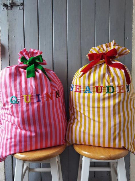 Personalised Bright Stripe Christmas Sack - Holly & Co Diy Santa Sack, Embroider Text, Personalised Christmas Sack, Personalised Santa Sacks, Christmas Wrap, Velvet Tie, Christmas Sack, Santa Sack, Bright Stripes