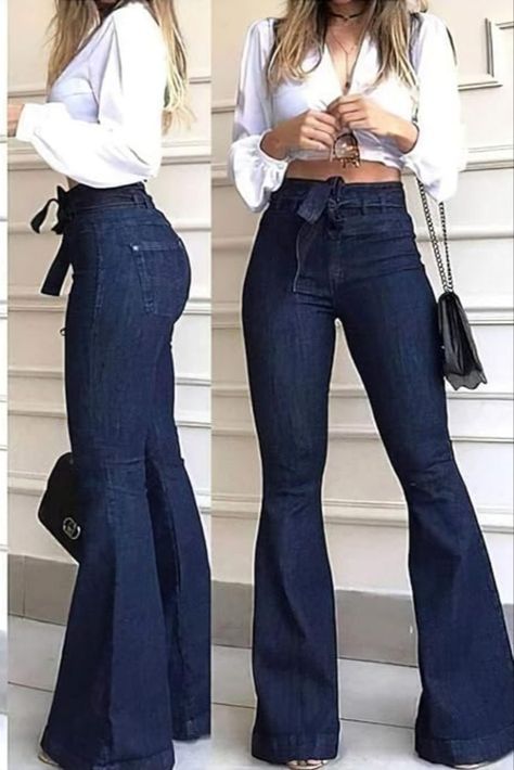 Women Flare Jeans, High Waisted Bell Bottom Jeans, Looks Adidas, Denim Tie, Outfits Con Jeans, Womens Flare Jeans, Trendy Dress Outfits, Bottom Jeans, Boyfriend Jean