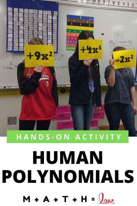 students holding pieces of paper with polynomial terms typed on them. Polynomial Anchor Chart, Hands On Algebra Activities, Monomials And Polynomials, Algebra Activities High School, Factoring Polynomials Activity, Fun Algebra Activities, Algebraic Expressions Activities, Polynomials Activity, Algebra Games