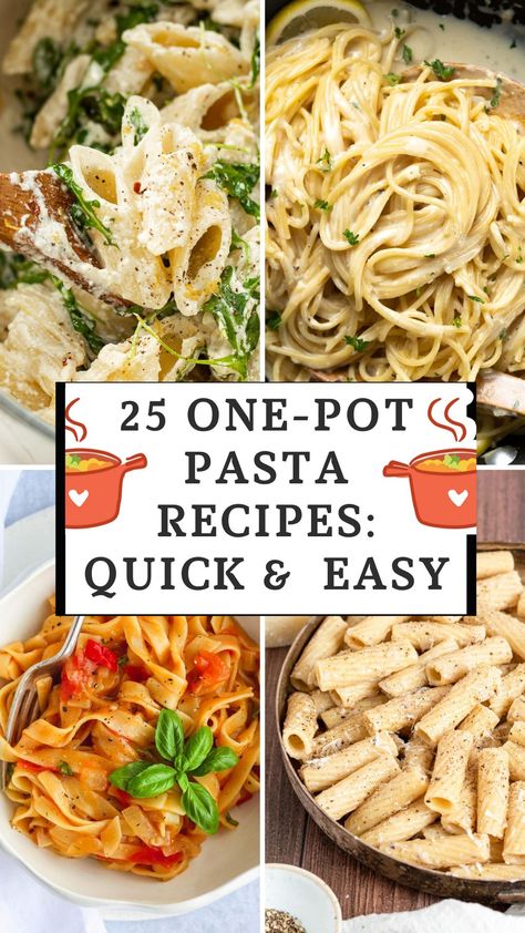 25 delicious and easy one-pot pasta recipes that are perfect for busy evenings. Say goodbye to multiple pans and hello to minimal cleanup! Quick Pasta Ideas, 30 Min Pasta Meals, Pasta Bowl Recipes, Easy One Pot Spaghetti, 1 Pot Pasta Meals, Pasta For 2 Recipes, Instapot Shrimp Pasta Recipes, Easy One Pot Pasta Lazy Dinner, Easy One Pan Pasta