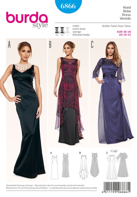 Purchase Burda 6866 Dresses and read its pattern reviews. Find other Dresses,  sewing patterns. Long Dress Sewing Patterns, Evening Dress Sewing Patterns, Womens Evening Gowns, Gown Sewing Pattern, Simple Dress Pattern, Evening Dress Patterns, Burda Sewing Patterns, Patron Vintage, Womens Long Dresses