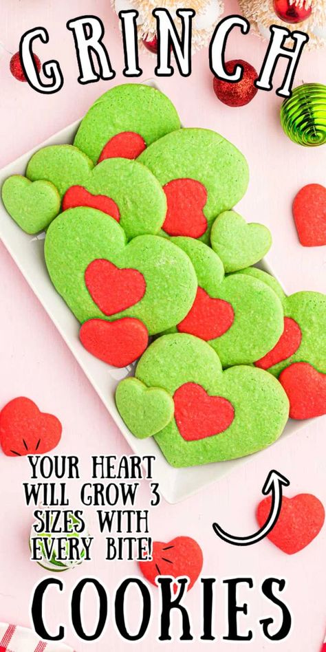 These Heart-Shaped Grinch Cookies were inspired by the most recent adaptation of How The Grinch Stole Christmas! Made with a basic sugar cookie dough and colored red and green to create the cutest cookies of the season! via @sugarandsoulco Grinch Cookies With Kisses, Heart Shaped Christmas Cookies, Red And Green Cookies, Homemade Sugar Cookie Recipe, Grinch Dessert Ideas, Homemade Sugar Cookies Recipe, Grinchmas Party, Cookies 2023, Grinch Cookies