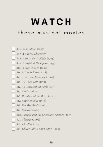 Musical Theatre Checklist, Musical Checklist, Musical List To Watch, Best Musical Movies, Musical Movies List, Musicals To Watch List, Movies You Must Watch List, Plays To Read, Musicals To Watch