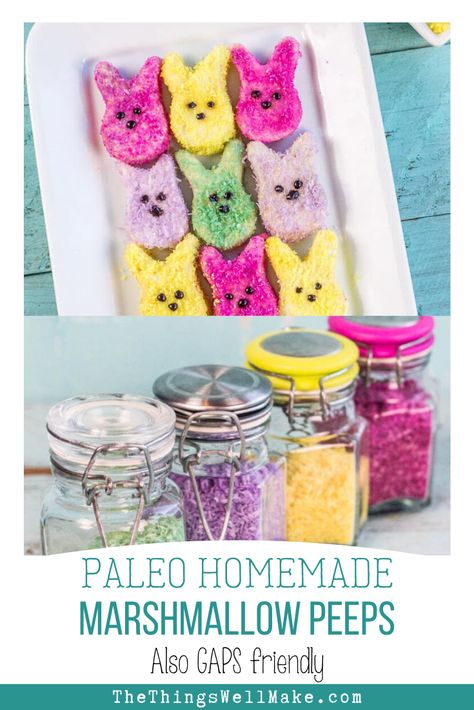 Avoid the corn syrup and artificial colors when you make these healthier homemade marshmallow peeps. It's a fun Easter activity that isn't as difficult as you might think. #Easter #marshmallow #peeps #paleo #GAPS Homemade Peeps Marshmallows, Healthy Marshmallows, Peeps Recipes, Easter Marshmallow, Pub Grub, Spring Meals, Homemade Marshmallow, Gf Food, Marshmallow Peeps