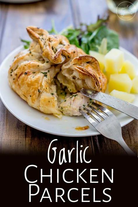 These Garlic Chicken Parcels are easy to make and look super impressive, plus they are make ahead! Individual puff pastry parcels (using pie crusts) are filled with juicy chicken and oozing with garlic butter. Serve with potatoes and salad for an easy weeknight family dinner, half the recipe and serve them just for two on a date night. Or they are fancy enough for entertaining and can be prepared ahead of time and then just popped in the oven to cook when you sit down for appetizers. Chicken Parcels, Weeknight Family Dinner, Filo Dough, Fancy Dinner Recipes, Pie Crusts, Puff Pastry Recipes, Easy Entertaining, Best Chicken Recipes, Fancy Dinner