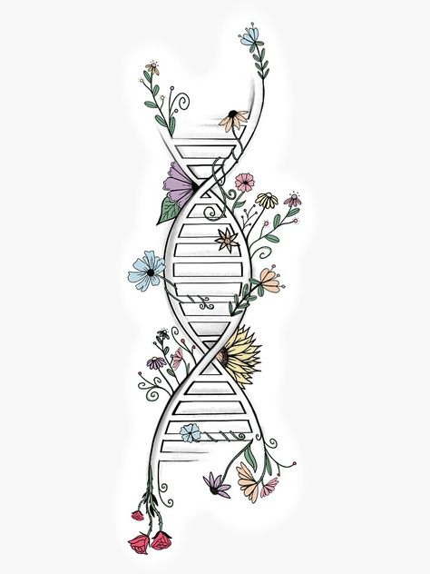 "floral DNA with colour " Sticker by ktclarke97 | Redbubble Dna Aesthetic Drawing, Plant Biology Art, Dna Border Design, Dna Wallpaper Biology Aesthetic, Laptop Tattoo Ideas, Biology Aesthetic Art Easy, Biology Book Cover Design Aesthetic, Biology Dna Art, Biomolecules Drawing