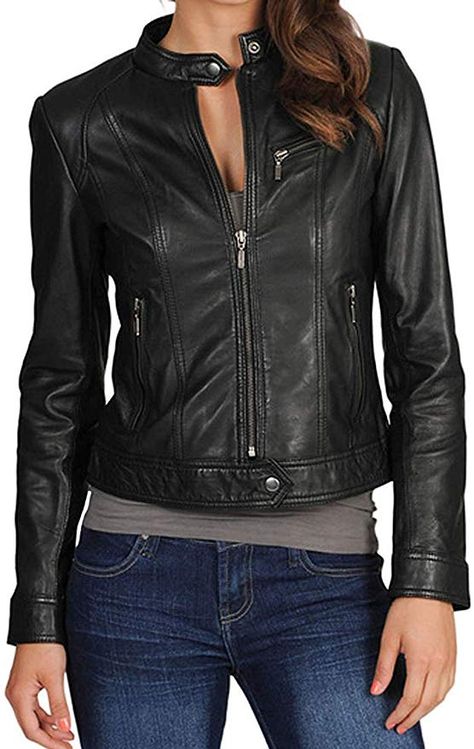 DOLLY LAMB Women's Lambskin Leather Moto Biker Jacket - Winter Wear - Round Neck Collar at Amazon Women's Coats Shop Leather Jacket Outfit, Lambskin Leather Jacket, Slim Fit Jackets, Chic Leather, Real Leather Jacket, Jacket Outfit, Genuine Leather Jackets, 가을 패션, Black Leather Jacket