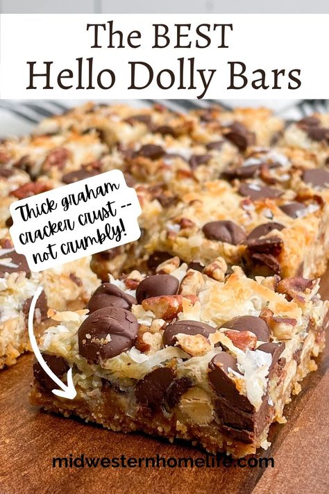 This hello dolly bar recipe is a crowd pleaser with decadent layers of chocolate chips, peanut butter chips, coconut, and pecans enrobed in sweetened condensed milk. Decadent, delicious, and ridiculously easy to make. rn#magiccookiebars #sevenlayerbars #magicbars #easydesserts #hellodollybars #cookiebarrecipern Eagle Brand Recipes Condensed Milk, Recipes Condensed Milk, Magic Cookie Bars Recipe, Eagle Brand Recipes, Dolly Bars, Hello Dolly Bars, Magic Cookie Bar Recipe, Sweetened Condensed Milk Recipes, Coconut Chocolate Bars