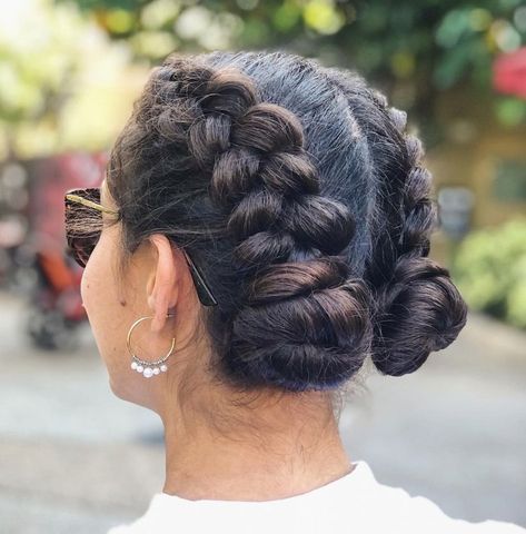 Double Dutch Braids into Buns Wedding Hairstyles Dutch Braid, Braids That Go Into A Bun, Braids In To A Bun, Hair Braid Updos For Long Hair, Casual Hairstyles With Braids, Fancy Dutch Braid, French Braids To Buns, Double Braids For Short Hair, Two Braids Updo