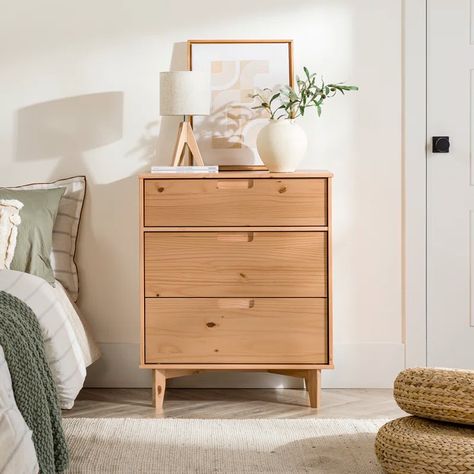 Mercury Row® Helmick 3 - Drawer Dresser & Reviews | Wayfair Tall Bedroom Dresser Decor, Dresser Side Table Bedroom, Styling A Tall Dresser, Small Dressers For Bedroom, Tall Dresser Styling, Tan Dresser, Minimal Dresser, Tall Dresser Bedroom, Tall Dresser Decor