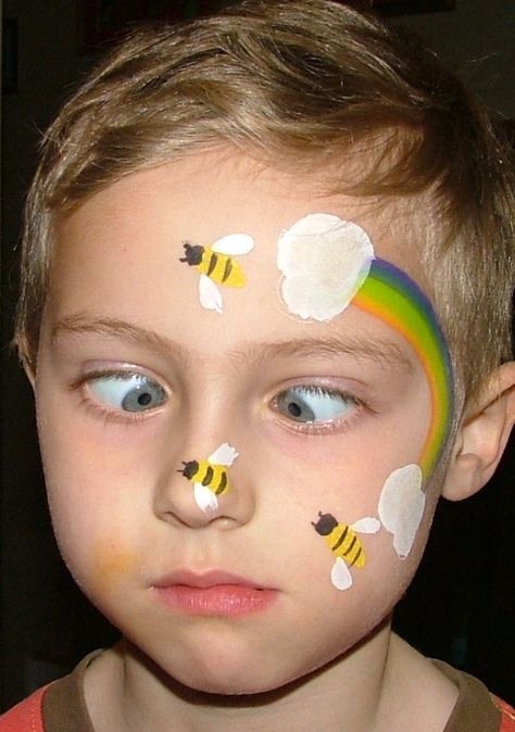 Bee and Rainbow face-paint concept Bee Face Paint, Kids Face Painting Easy, Easter Face Paint, Face Painting Ideas For Kids, Easy Face Painting Designs, Rainbow Face Paint, Painting Ideas For Kids, Cheek Art, Girl Face Painting