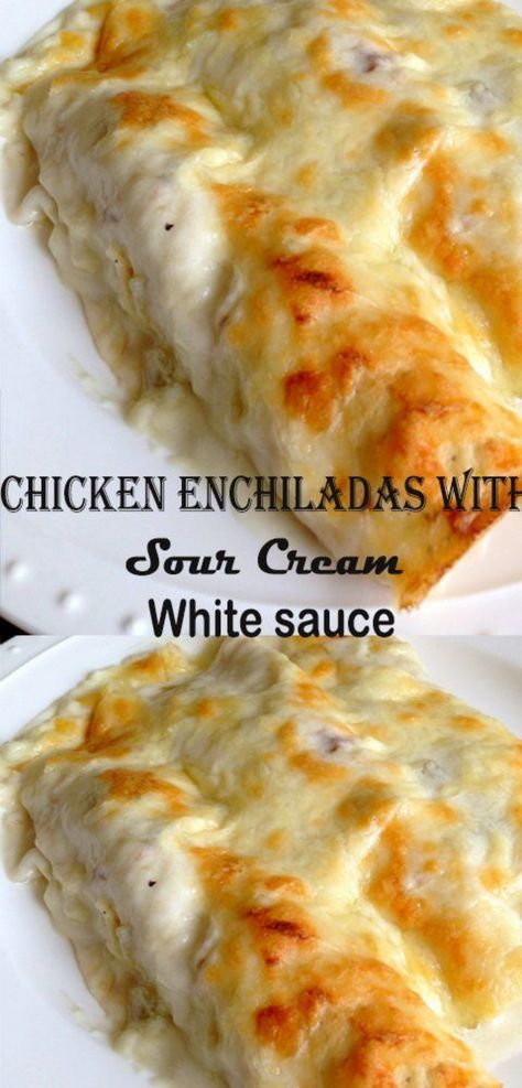 You are going to love this next recipe for Chicken Enchiladas with Sour Cream White sauce because it is delicious and super easy to make. Chicken Taco Enchiladas, Low Carb Sour Cream Chicken Enchiladas, Chicken Burritos With White Sauce, White Turkey Enchiladas, White Chicken Burritos, Sour Cream Burritos, Enchilada Cream Sauce, Using Up Sour Cream, Chicken Burrito Sauce