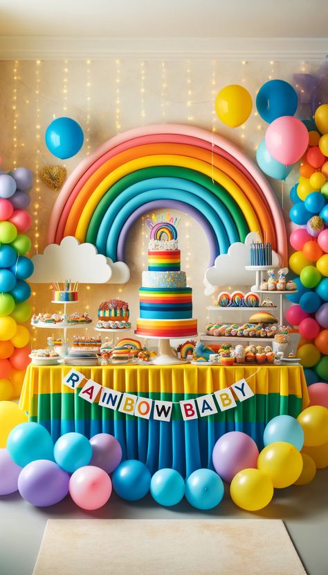 21 Creative Baby Shower Decoration Ideas That Will Wow Your Guests! 🎉👶 Baby Shower Rainbow Theme, Rainbow Baby Shower Ideas, Rainbow Theme Baby Shower, Rainbow Baby Shower Theme, Mermaid Baby Shower Theme, Abc Baby Shower, Baby Shower Decoration Ideas, Rainbow Themed Birthday Party, Rainbow Backdrop