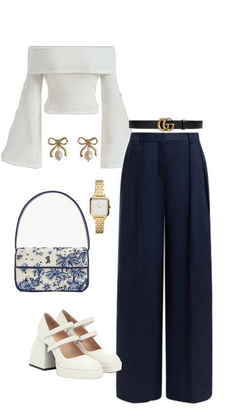 Blue And White Classy Outfit, Navy Blue Classy Outfits, 18th Birthday Outfit Ideas Casual, Ingenue Romantic, Outfit Inspo Elegant, Sarah Kinsley, Wag Outfits, Blue Outfit Ideas, Blue Couture