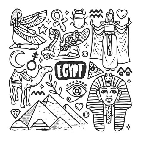 Egypt Doodle Art, Egypt Doodle, Bullet Journal Voyage, Icons Hand Drawn, Egyptian Drawings, Travel Doodles, Egypt Map, Zestaw Ikon, Doodle Icon