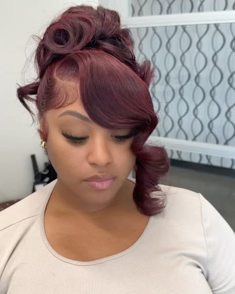 HOUSTON HAIRSTYLIST | FRONTAL QW UPDO ✨🫰🏽 this really just did it for me ! The color eatsssss 😍 yall been asking me to do the updos with a frontal so here it is… | Instagram Burgundy Up Down Hairstyle, Burgundy Hair Updo, Burgundy Updo Black Women, Red Updo Hairstyles For Black Women, Frontal Wig Updo Hairstyles, Updo Frontal Hairstyles, Frontal Wig Updo, Birthday Updo, Frontal Updo Hairstyles