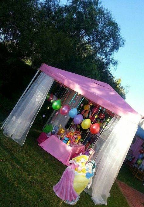 Princess party tent with balloons. If you can dream it you can be it! Princess Theme Tea Party, Princess Tent Party, Party Tent Decorations Birthday, Hanging Balloons, Backyard Party Decorations, Disney Princess Birthday Party, Princess Tea Party, Princess Theme Party, Disney Princess Birthday