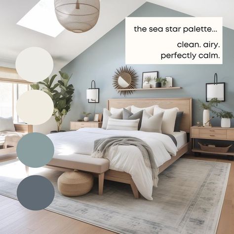 Costal Designs Interior, Bedroom Update Ideas, Coastal Accent Walls, Luxury Beach House Bedroom, Calming House Color Scheme, Bedroom Interior Paint Ideas, Main Bedroom Decor Ideas Master Suite Color Schemes, Interior Palette Mood Boards, Neutral Home Decor Ideas