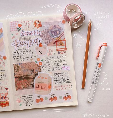 bella⁷🧸🍭 on Instagram: “𝘣𝘶𝘤𝘬𝘦𝘵 𝘭𝘪𝘴𝘵- 𝘴𝘰𝘶𝘵𝘩 𝘬𝘰𝘳𝘦𝘢🍒  sooo i’m gonna start journaling about other things besides kpop to mix things up some! if anyone knows korean…” Kpop Bucket List, South Korea Scrapbook Ideas, South Korea Journal Ideas, Korea Journal Ideas, How To Start Journaling Ideas, Korean Aesthetic Journal, Korean Journal Aesthetic, Korean Journal Ideas, How To Start Journaling