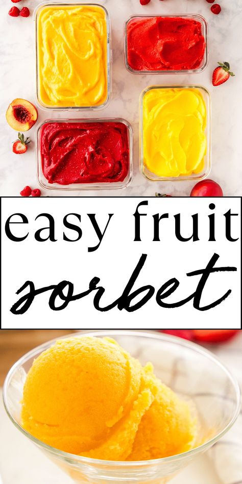 This Sorbet recipe is the ultimate guide to the PERFECT homemade sorbet made from only 2 ingredients! Learn how to make sorbet with fresh or frozen fruit, no ice cream maker required! Recipe from thebusybaker.ca! #sorbet #easysorbet #howtomakesorbet #2ingredientsorbet #homemadesorbet via @busybakerblog Easy Sorbet 3 Ingredients, Homemade Sorbet Recipe Easy, Homemade Sorbet Recipe Ice Cream Maker, Home Made Sorbet Recipes, Homemade Fruit Sorbet, Frozen Fruit Ice Cream Healthy, Frozen Fruits Recipe, How To Make Sorbet Homemade, Watermelon Sorbet Recipe Ice Cream Maker