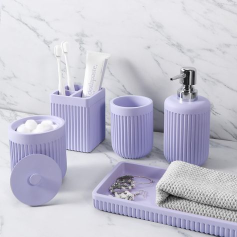 PRICES MAY VARY. Polyresin 🚿【5 Piece Bathroom Accessory Set】:XLHOMO bathroom accessory set includes 1 x Bathroom Tumbler, 1 x Toothbrush Holder, 1 x 12 oz Lotion Soap Dispenser, 1 x Cotton Swab Jar, and 1 x Multifunctional Tray. Our bathroom accessories set is made of premium resin, which gives you all the needed to organize toiletries and bath items and keeps your bathroom vanity neat and tidy. It is sturdy and durable, and with its unique design, makes your bathroom out of the ordinary. 🏠【Co Light Purple Bathroom, Organize Toiletries, Lilac Bathroom, Purple Bathroom Accessories, Lavender Bathroom, Purple Soap, Purple Bathroom Decor, Teen Bathrooms, Bathroom Countertop Organizer