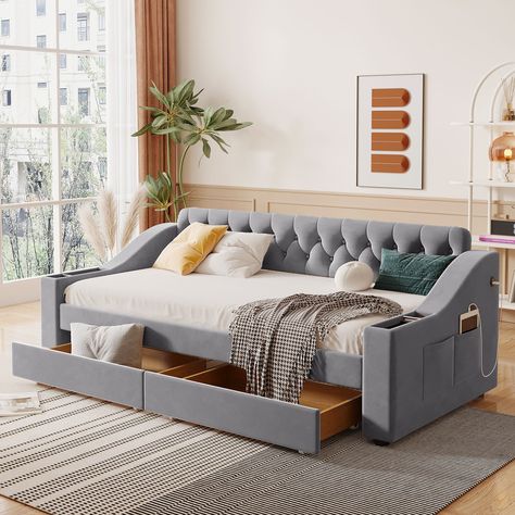 Quick Glance: Stylish Twin Upholstered Daybed with Embossed Button Design. Two Large Drawers for Convenient Storage. Built-in USB Ports for Device Charging. No Box Spring Required. Holds up to 400 lbs. Modern and Functional Design. Bed Head Design, Tidy Bedroom, Sofa Bed Frame, Daybed With Drawers, Daybed With Storage, Upholstered Daybed, Daybed With Trundle, Day Bed, Tufted Sofa