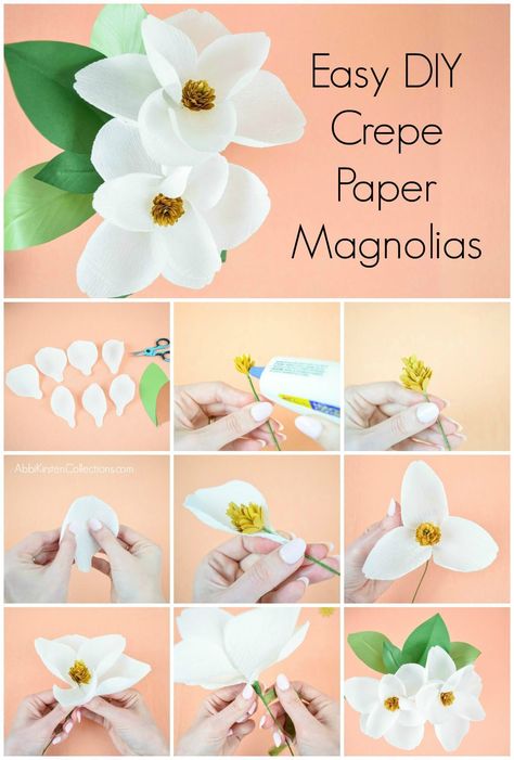 DIY Crepe Paper Magnolia Flowers. Follow this step by step tutorial to make your own crepe paper flowers. Download the flower templates here! Cricut Materials, Paper Magnolia, Crepe Flowers, Paper Petals, Săpunuri Handmade, Make Paper Flowers, Diy Flores, Crafts For Teens To Make, Magnolia Flowers