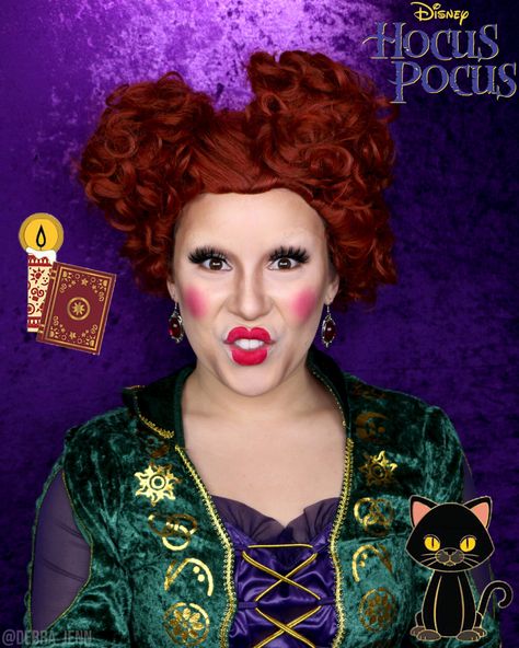 Debra Jenn in a Winifred Sanderson costume for Halloween. From the Disney movie Hocus Pocus Hocus Pocus Winnie Makeup, Winifred Makeup Tutorial, Winfred Make Up Hocus Pocus, Winifred Hair Tutorial, Sanderson Sisters Makeup Looks, Winnie Hocus Pocus Makeup, Winnifred Sanderson Makeup, Hocus Pocus Makeup Winifred, Winifred Sanderson Makeup Tutorial