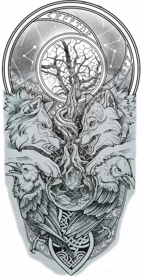 Odin And Fenrir Tattoo, Odins Wolves Tattoo Design, Fenrir Tattoo Design Norse Mythology, Norse Tattoo Design, Viking Wolf Tattoo Design, Fenrir Art, Yggdrasil Tattoo, Celtic Sleeve Tattoos, Wilderness Tattoo