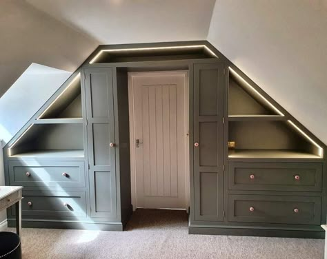 Attic Bedroom Built In Beds, Dormer Dressing Room, Fitted Wardrobes Attic Room, Slanted Ceiling Bedroom Panelling, Vaulted Ceiling Dressing Room, Attic Room Clothes Storage, Under The Eaves Bedroom, Attic Conversion Walk In Wardrobe, Attic Seating Area