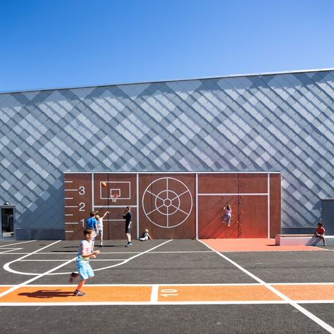 Rotebro Sports Hall  / White Arkitekter, © Thomas Zaar Outdoor Basketball Court, Henning Larsen, Sports Hall, Public Space Design, Sport Park, School Playground, Sport Hall, Renzo Piano, Playground Design