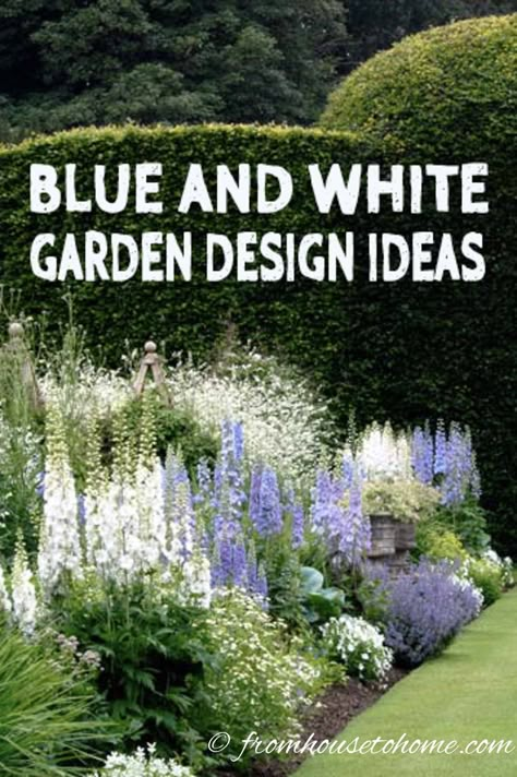 These blue and white garden design ideas are gorgeous! I really love the blue and white ginger jars used as garden decor in the yard. This is one of my favorite flower garden color schemes!  #fromhousetohome #gardening #gardenideas #blueandwhitegarden #gardendesign #seasonaldecor #summerdecoratingideas Blue Hydrangea Garden Landscapes, Blue And White Gardens, Blue Patio Decorating Ideas, Blue House Landscaping, Peony Landscaping Garden Design, White Flower Landscaping, Flower Garden Color Schemes, Garden Color Scheme, Hydrangea Border