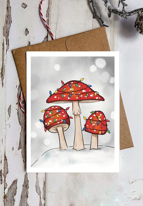 Christmas Mushroom Trio Single Card A2 Christmas - Etsy Christmas Mushrooms Art, Christmas Mushroom Drawing, Christmas Mushroom Painting, Winter Mushroom Art, Cute Christmas Card Designs, Artsy Christmas Cards, Christmas Cards Art, Christmas Painted Cards, Christmas Mushroom Illustration