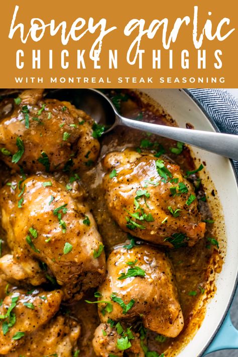 These tender baked honey garlic chicken thighs are smothered in a finger-licking sauce flavored with peppery Montreal Steak Seasoning.#honeygarlic #chickenthighs #chickendinner #weeknigthdinner #easydinner #montrealsteakseasoning#chickenthighs #chickendinner #honeygarlic #montrealsteakspice #easydinner #weeknightdinner Baked Honey Garlic Chicken Thighs, Healthy Baked Chicken Breast, Baked Honey Garlic Chicken, Chicken Thigh Seasoning, Montreal Steak Seasoning, Garlic Chicken Thighs, Fast Healthy Dinner, Honey Garlic Chicken Thighs, Steak Spice