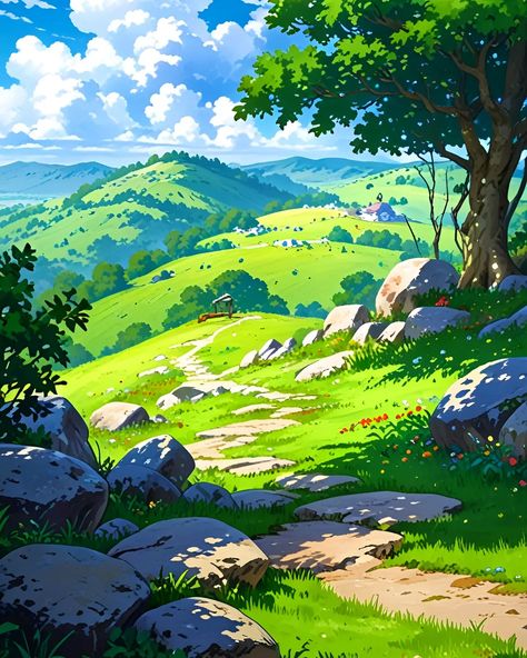 Serene view of an anime landscape, with a majestic tree standing tall surrounded by serene rocks, inviting you to immerse in nature's tranquility. 🌳 #PeacefulVibes . . Mobile Wallpaper Download Link In Bio Tall Illustration, Anime Tree, Manga Background, Landscape Anime, Serene View, Imaginary Landscapes, Anime Nature, Anime Landscape, Majestic Tree