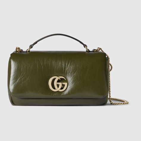 GG Milano small top handle bag in dark olive green leather | GUCCI® UK Small Top Handle Bag, Lipstick Holder, Milano Fashion Week, Shoulder Chain, Louis Vuitton Shoulder Bag, Quilted Leather, Handle Bag, High Jewelry, Green Bag