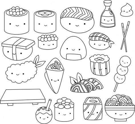 Free Vector | A vector of many types of sushi and japanese food in black and white Kawaii Drawings Black And White, Sushi Drawing Black And White, Japanese Food Coloring Pages, Drowing Foods, Japanese Cute Drawings, Tiny Sushi Tattoo, Sushi Coloring Page, Cute Drawings Black And White, Food Clipart Black And White