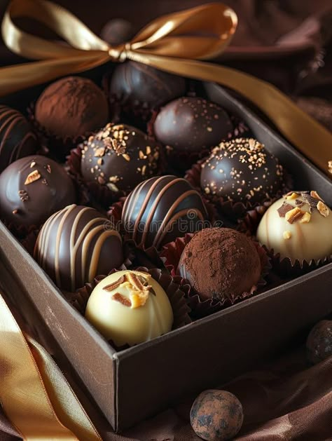 A luxurious box of assorted chocolate truffles, adorned with ribbons, placed on a table. Generative AI royalty free stock photos