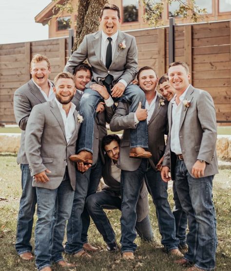 Jeans And Sports Coat Wedding, Dark Jeans Groomsmen, Grey Suit Jacket With Jeans Wedding, Groomsmen Jeans And Jacket, Groomsmen With Jeans, Big And Tall Groom Attire, Jeans Wedding Attire Groomsmen, Groomsmen Vest Only, Groomsmen Attire Jeans And Boots