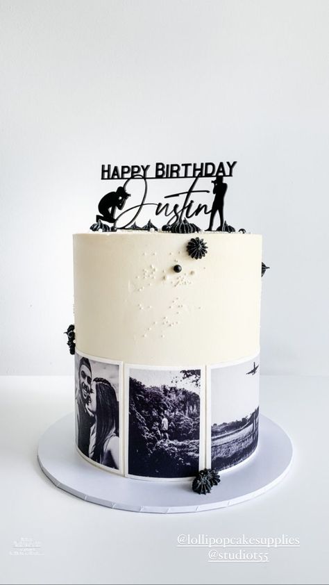 River City Cakes: how great is this celebration cake we did recently for a budding photographer. The images printed on the cake are photos he’s taken and are completely edible! Birthday Cake For Photographer, Picture On Cake Ideas, Cake With Printed Image, Photographer Cake Ideas, Cake With Photos On It, Birthday Cake With Photo Print, Male Cakes Birthday Men, Cake With Photo Print, Themed Cakes For Men