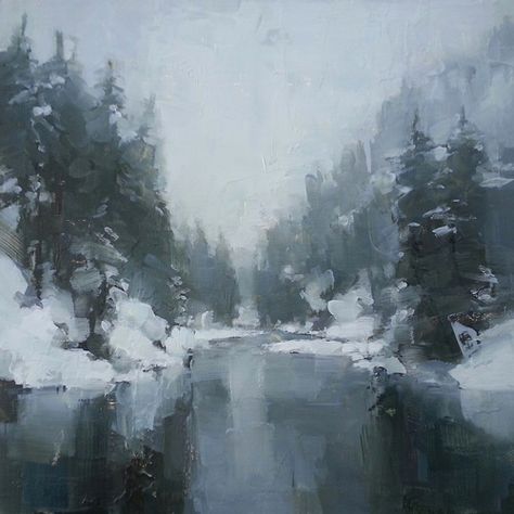 Land of Ice and Snow James Kroner Paintings, Snow Night Painting, Snow Art Aesthetic, Impressionist Winter Painting, Winter River Painting, Landscape Winter Painting, Snow Painting Aesthetic, Painting Snowy Mountains, Snow Reference Drawing