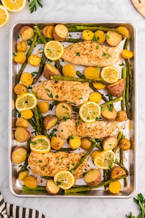 Sheet Pan Lemon Garlic Chicken Dinner - main dishes #maindishes Asparagus And Potatoes, Baked Chicken Breasts, Potatoes Baked, Sheet Pan Dinners Chicken, Lemon Garlic Chicken, Fruit Salsa, Baked Chicken Breast, Sheet Pan Dinners, Garlic Chicken