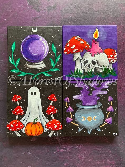 This is a hand painted mini canvas by A Forest of Shadows.  Choose from 4 witchy, spooky Halloween designs!  Each canvas comes with a mini wooden easel with which to display.  Measures approx 10cm X 10cm. Please note only ONE canvas is supplied per transaction and NOT all four! Cute Spooky Home Decor, Witchy Rock Painting Ideas, Mini Paintings Halloween, Canvas Art Drawings, Halloween Painting With A Twist, Halloween Small Canvas Painting, Spooky Paint And Sip, Pink Mini Canvas Paintings, Witchy Canvas Painting Ideas