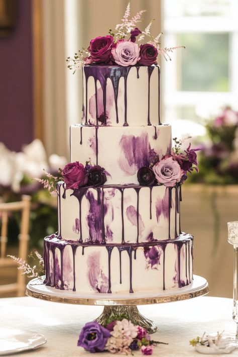 Ombre Cake Decorating, Elegant Navy Wedding, Pink Ombre Cake, Wedding Cake Navy, 4 Tier Wedding Cake, Purple Wedding Cake, Wedding Color Scheme, Purple Wedding Cakes, Watercolor Cake